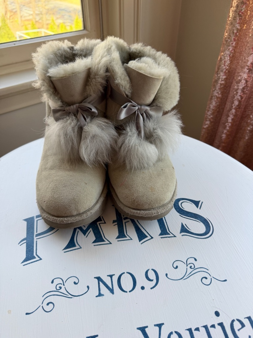 UGG Light Gray Suede Fur Pom Pom Boots